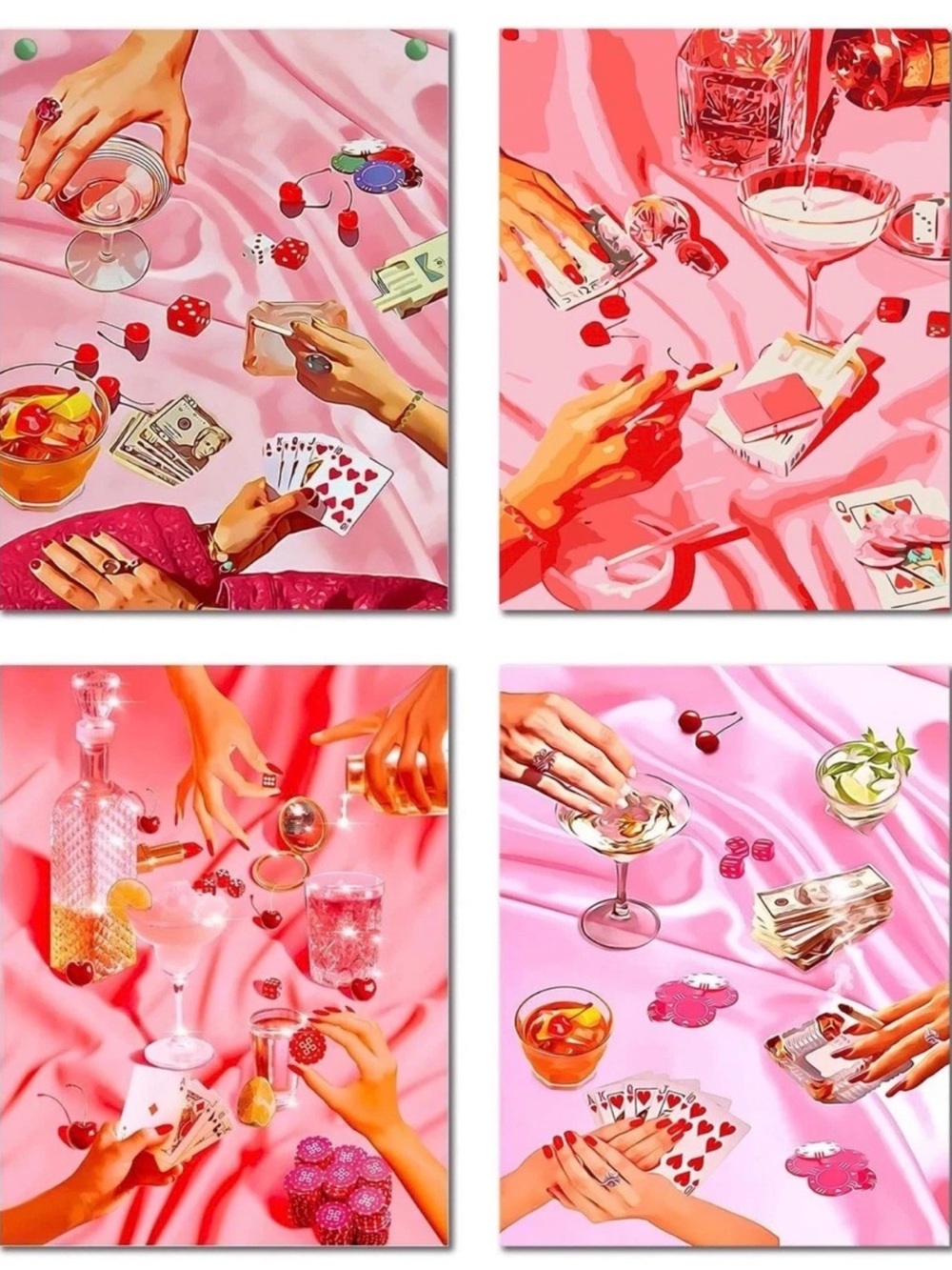 New Preppy Pink Diamond Painting Kit 4 Pack Retro Coquette Bar Cart Wall Art DIY